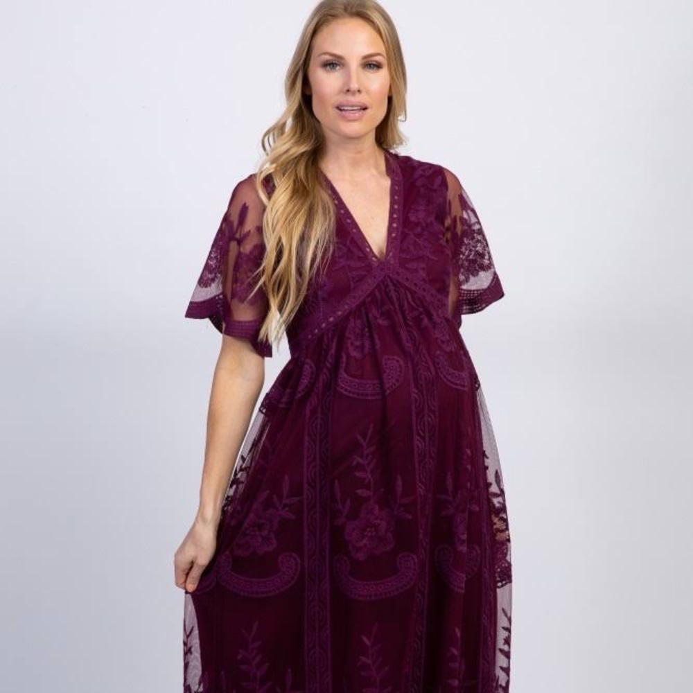 PinkBlush Deep Burgundy Lace Mesh Overlay Maternity Maxi Dress